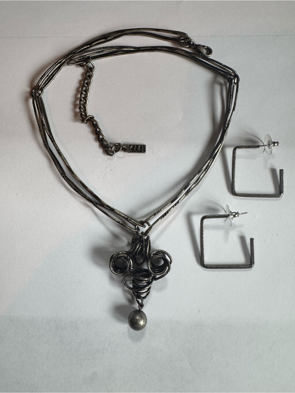 VTG KIEN Modernist Gunmetal Jewlery Wire Wrapped Necklace Square Hoop Earrings